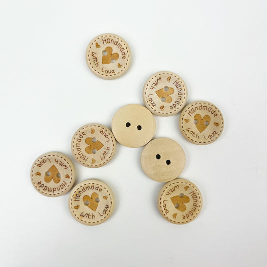 Sewing Gem - 2 Hole Wooden Buttons "Handmade with Love" - Two Sizes